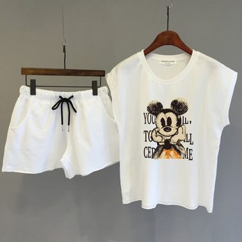 Cartoon Printed Sleeveless T-Shirt Wide-leg Shorts Two-piece Set plus size chubby girl Casual Loose Belly-covering Slimming suit Trendy