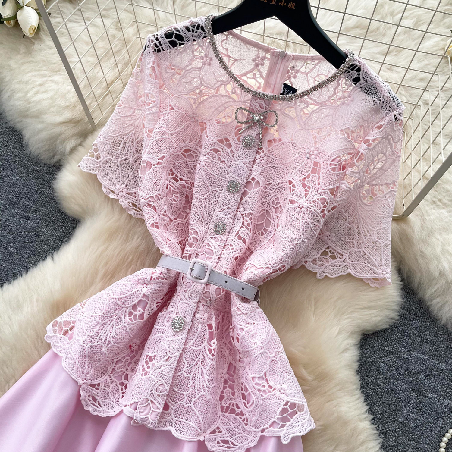 Pink Lace Hollow Out Satin A Line Dress for Women Summer Slim Fit Elegant Style Perfect for Work and Special Occasions