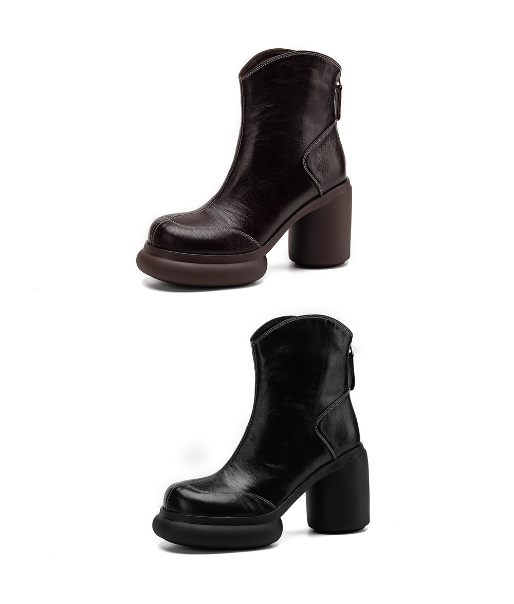 Boot nữ cổ ngắn da cừu gót thô khóa kéo sau — Lớp lót đơn màu đen, Lớp lót đơn màu nâu, Lót nhung đen, Lót nhung màu nâu