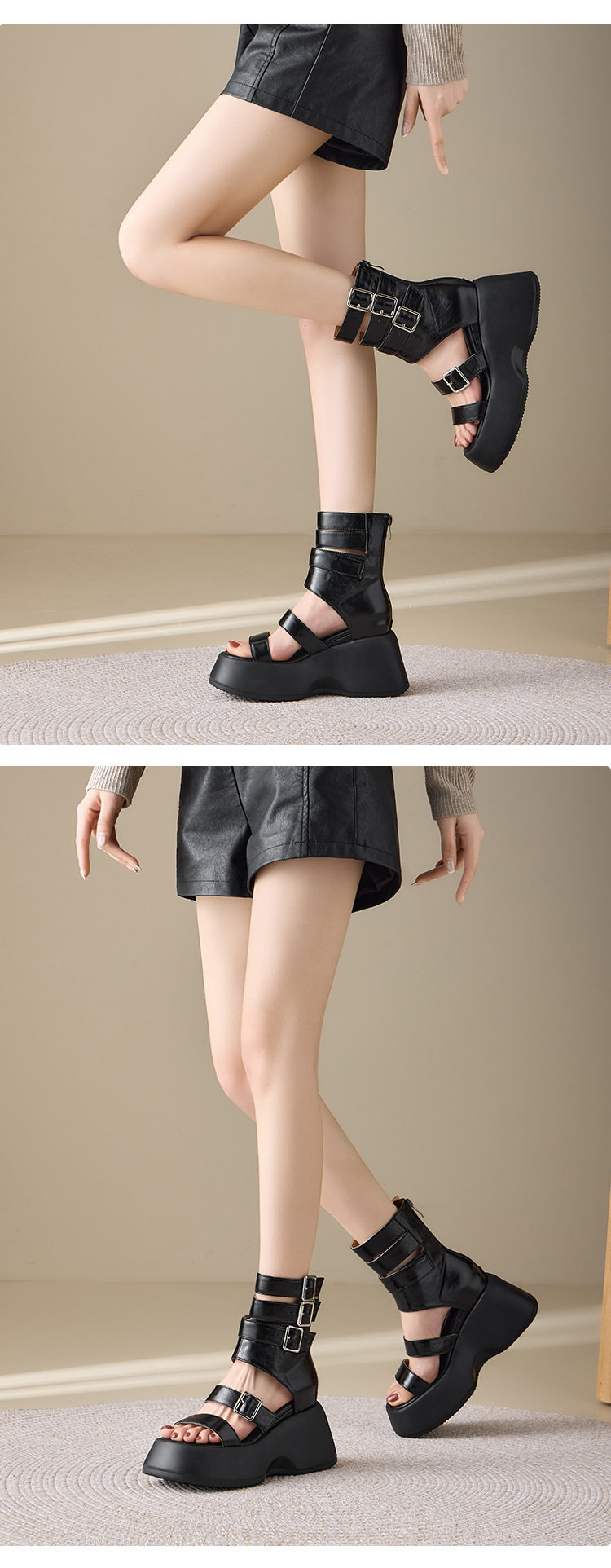 Sandal cao gót nữ hở mũi quai ngang đế dày 8 cm phong cách La Mã da bò mềm — [Trắng kem], [Đen] chi tiết 5