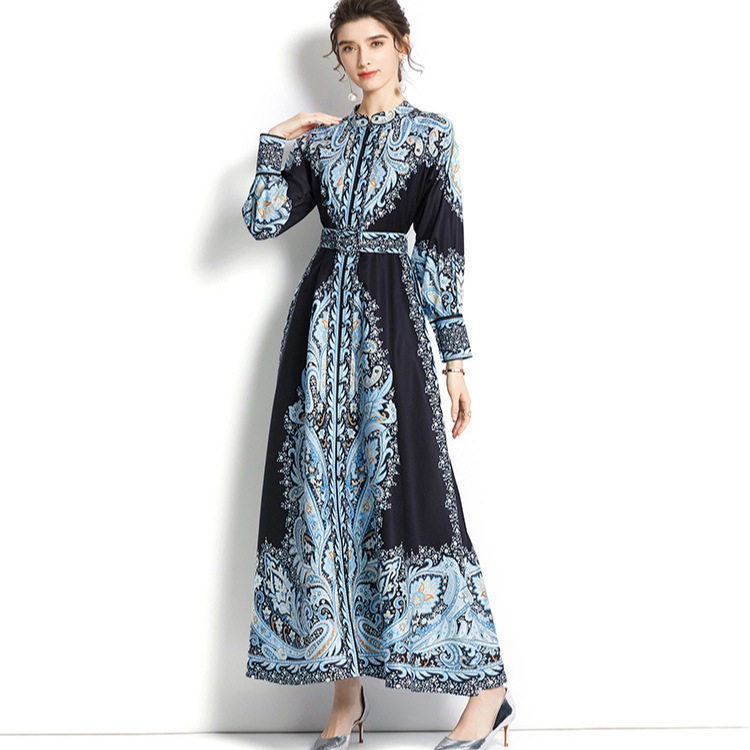 Vintage Floral Print A Line Dress for Women Lantern Sleeves Lapel Collar Knee Length Button Closure Autumn and