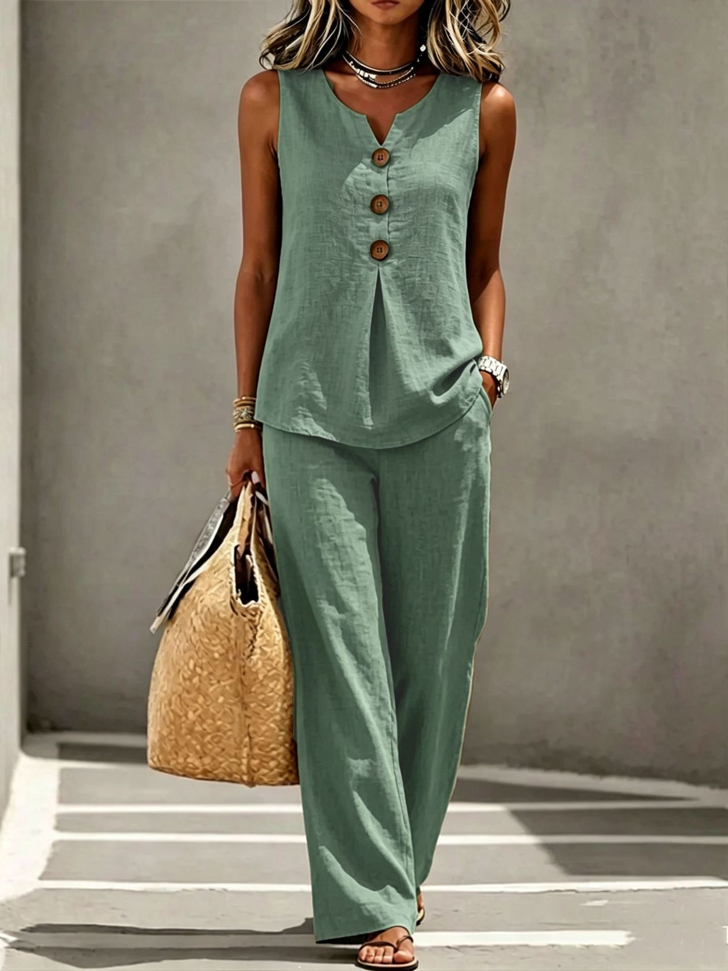Sleeveless Button Up Top and Long Pants Set Comfortable Solid Color Summer Style Womens Casual Wear Wholesale
