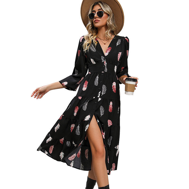 Romantic Elegant Colorful Feather Print Dress Three Quarter Sleeve Spring Fall Style Wholesale Available