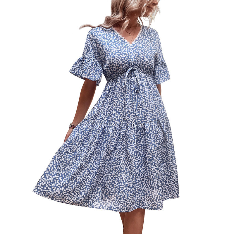 Summer Floral V Neck Dress Fresh and Sweet Style Blue Color Perfect for Casual Outings Wholesale Available