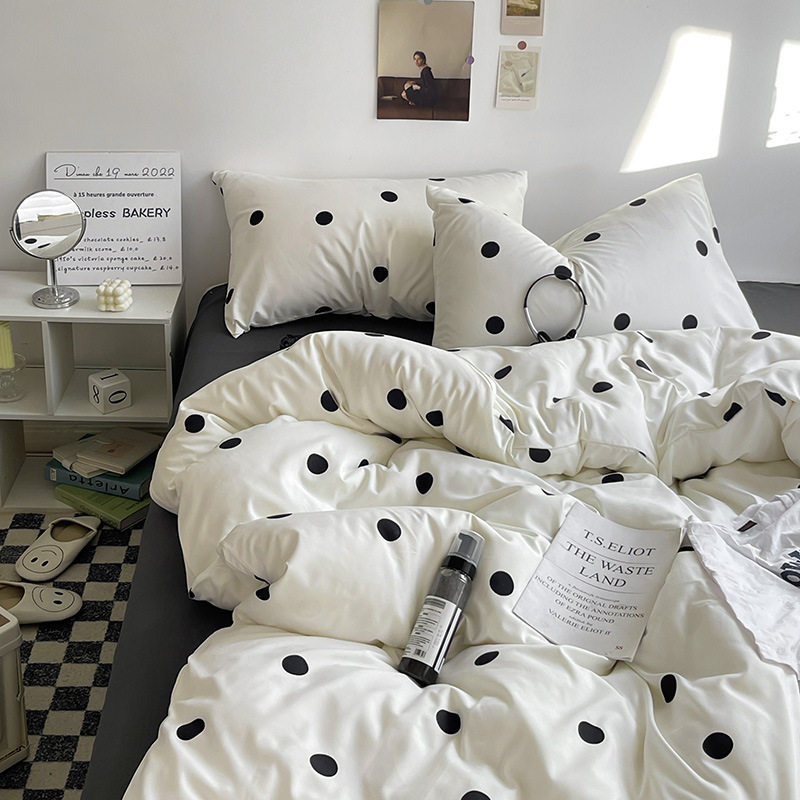 Korean style simple ins milky white polka dot skin-friendly brushed vintage striped bed sheet quilt cover 1.5 m1.8 three or four-piece set