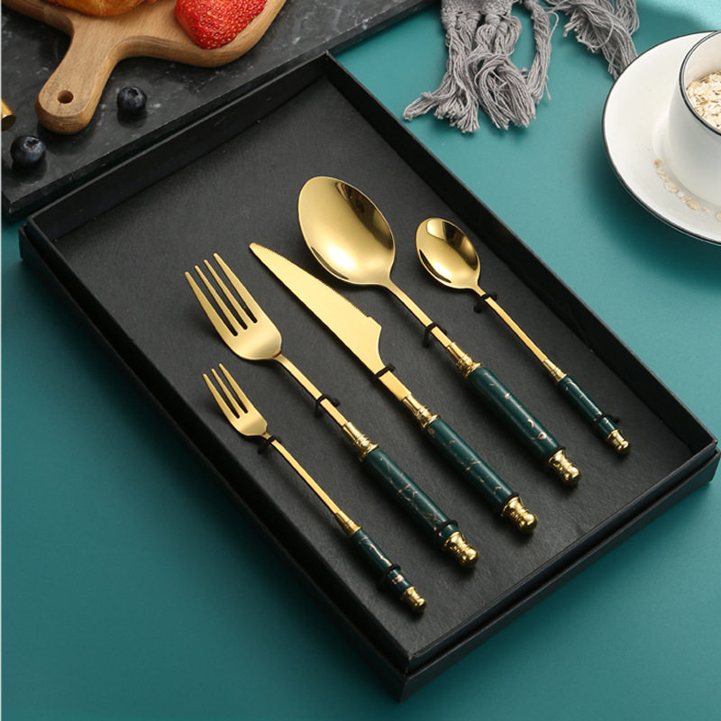 Cross-border Entry Luxury Style Ceramic Handle Stainless Steel Knife and Fork Spoon Western Tableware Set Dessert Spoon Fruit Fork Palace Gift Box
