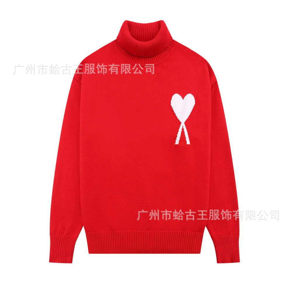 秋冬新款高领爱心毛衣男女条纹青年桃心跨境外贸休闲套头针织衫