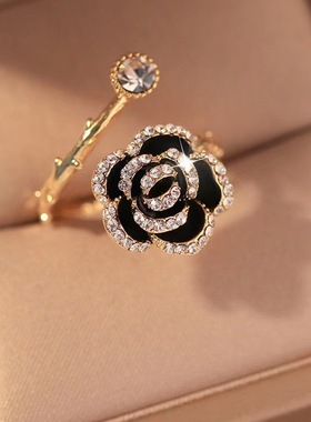 韩国黑色山茶花戒指女小众设计