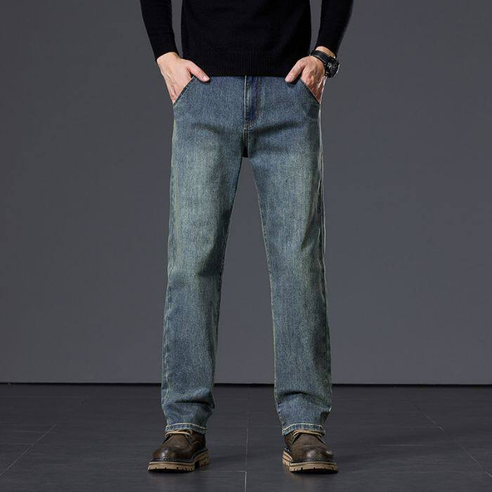 Quần Jean Nam Ống Suông Cotton Co Giãn Màu Xanh Vintage
