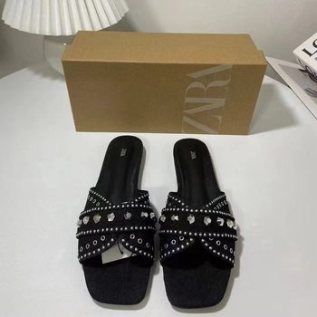 Za Home 2025 Summer New Women's Shoes Blue Denim Shiny Decorative Flat Sandals Open Toe Vacation Easiest for Match Slippers