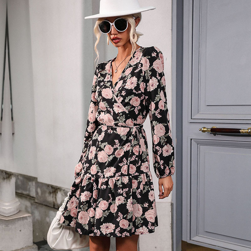 Vintage Floral Ruffle Hem Dress Lantern Sleeve V Neck Autumn Style Perfect for Casual Outings OEM Available