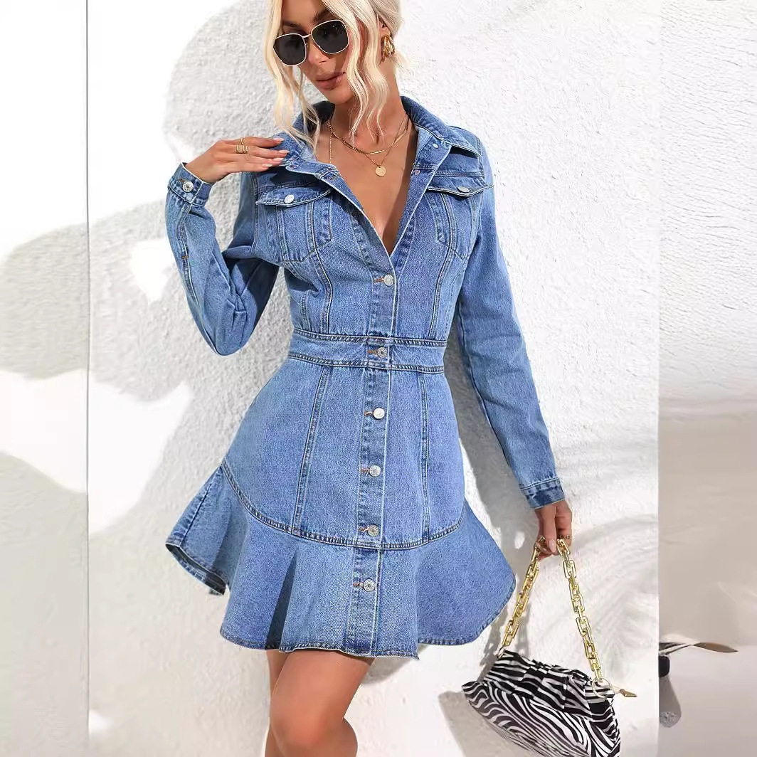 Vintage Inspired Long Sleeve Denim Dress Slim Fit Waist Cinching Design Casual Style Ready to Ship
