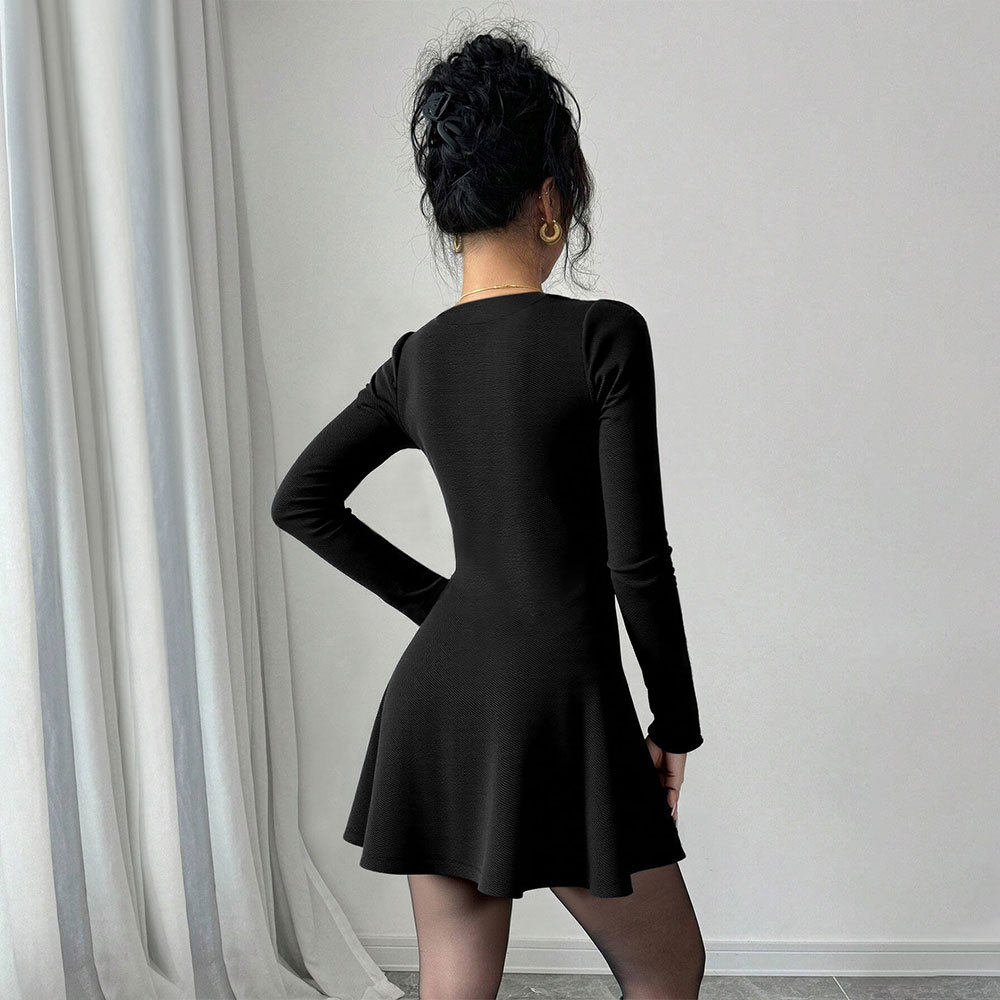 Womens Mini Dress Knitted V Neck Long Sleeve Solid Color Flared Hem Spring Summer Fashion Wholesale Available