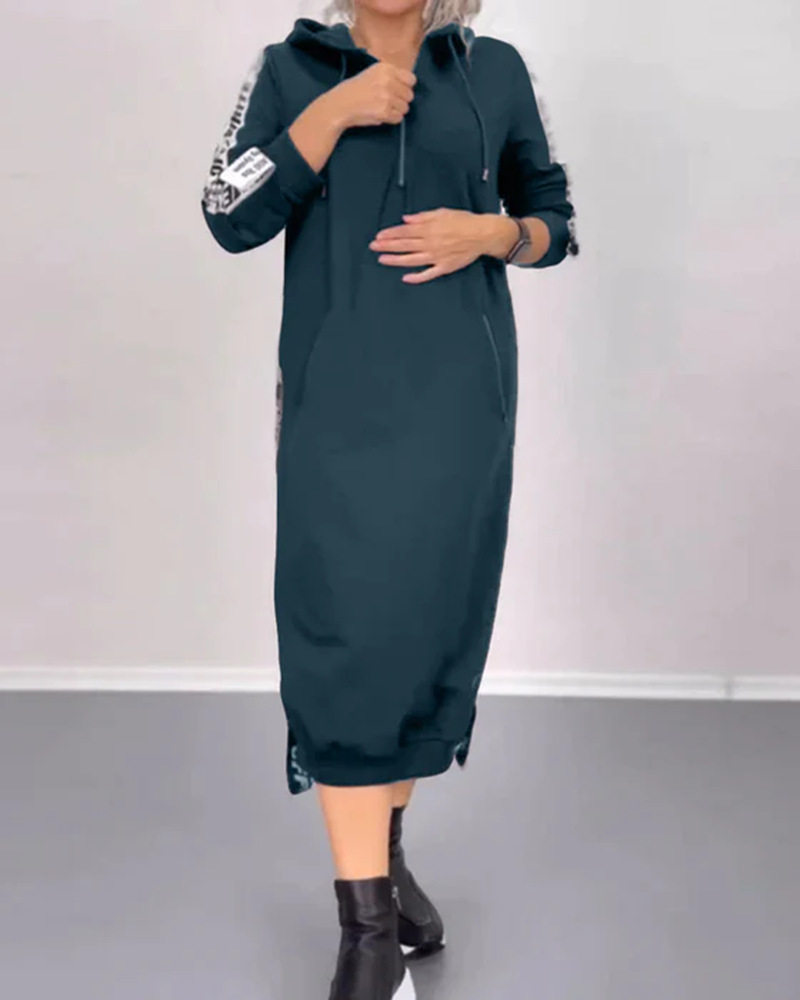 Hooded Long Sleeve Dress Letter Print Split Design Trendy Style Autumn Winter Fashion for Women Wholesale Available