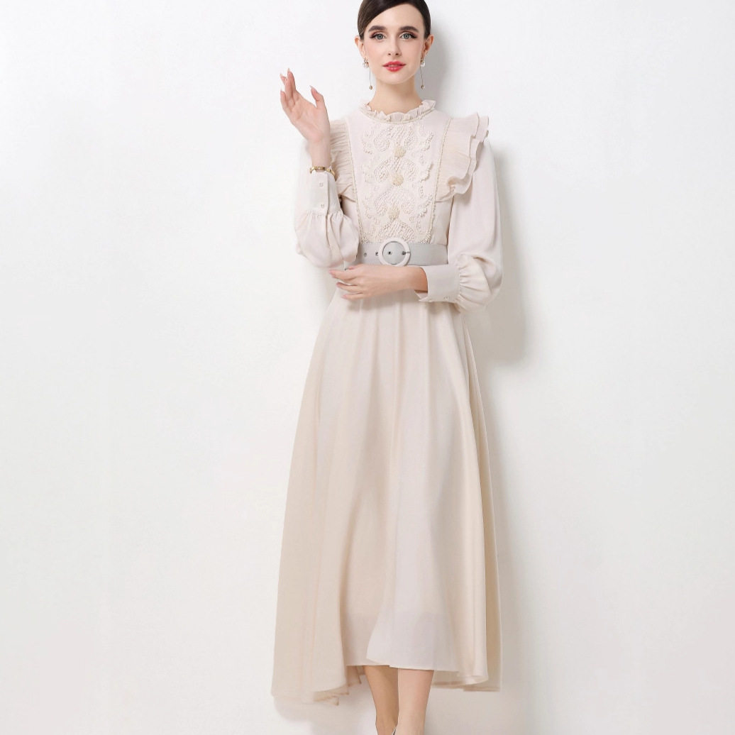 French Elegant Lace Panel Ruffled Hem Maxi Dress for Women Satin Fabric Waist Defining Flattering Fit Evening Wear