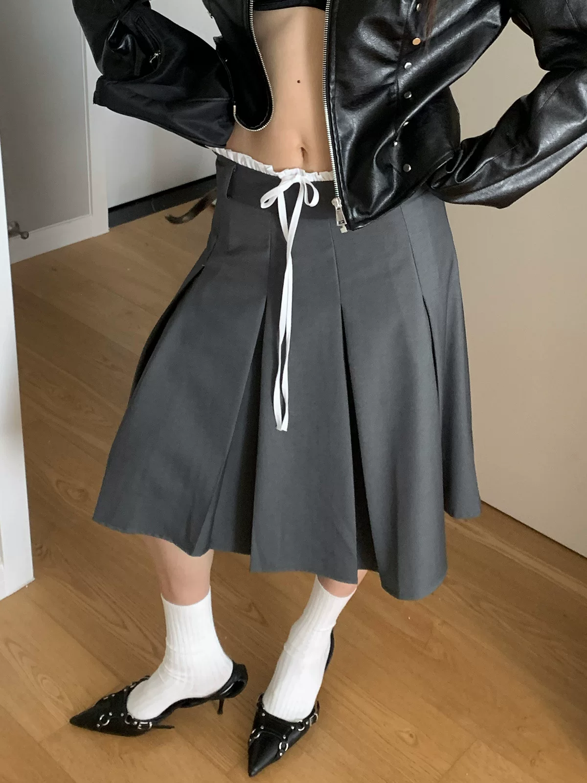  休闲韩系撞色抽绳半身裙女秋季中长款A字高腰显瘦百褶裙女