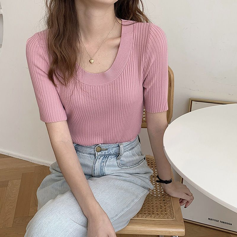 Womens Soft Ice Silk Knit T Shirt Low Round Neck Slim Fit Trendy Design Summer Casual Wear OEM Available