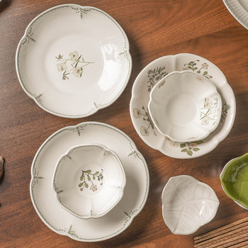 Fuluo Series High-Looking Mid-Century Style Flower Ceramic Bowl Retro Atmosphere Household Plate Noodle Bowl Rice Bowl