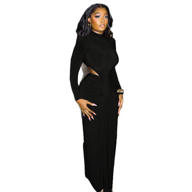 Womens Bodycon Dress Solid Color Ruffled Hem High Neck Long Sleeve Stylish for Office Wear or Casual Events