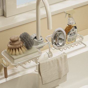 Adjustable Faucet Storage Rack Space Aluminum Kitchen Sink Sink Rack Drain Basket Bathroom Soap Net Storage Rack