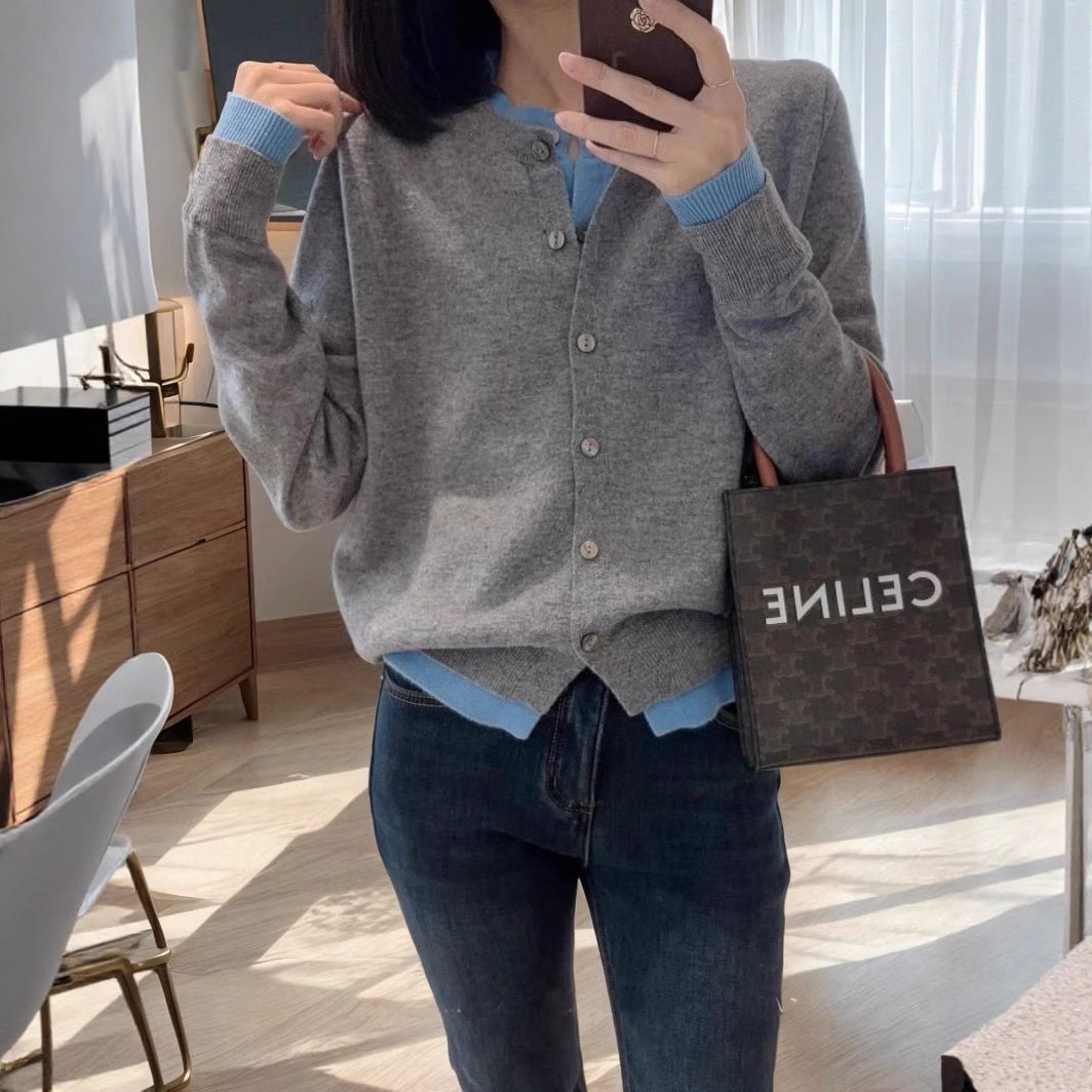 100%美丽诺羊毛开衫女秋冬灰色假两件针织衫高级感老钱风毛衣外套