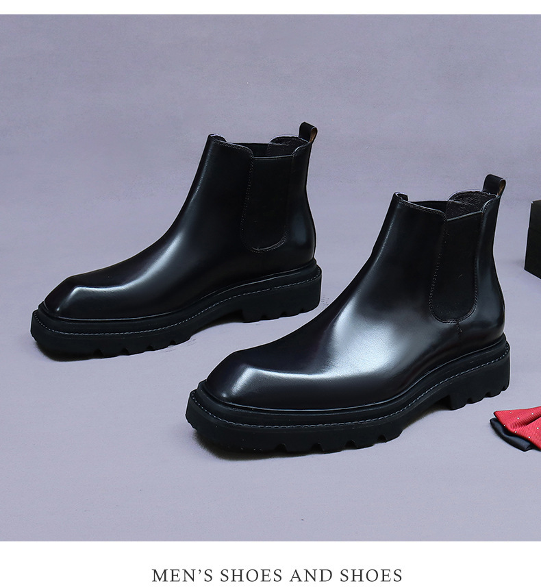 Boot Chelsea nam da bò cổ thấp đế dày phong cách công sở — Lớp lót lông cừu màu nâu cà phê, Màu đen, Lót lông cừu màu đen, Màu cà phê