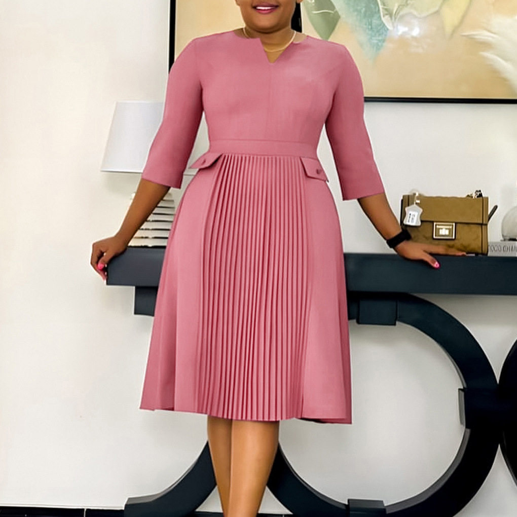 Plus Size Fashion Dress Solid Color Pleated Design Three Quarter Sleeve Casual or Formal Occasions Wholesale