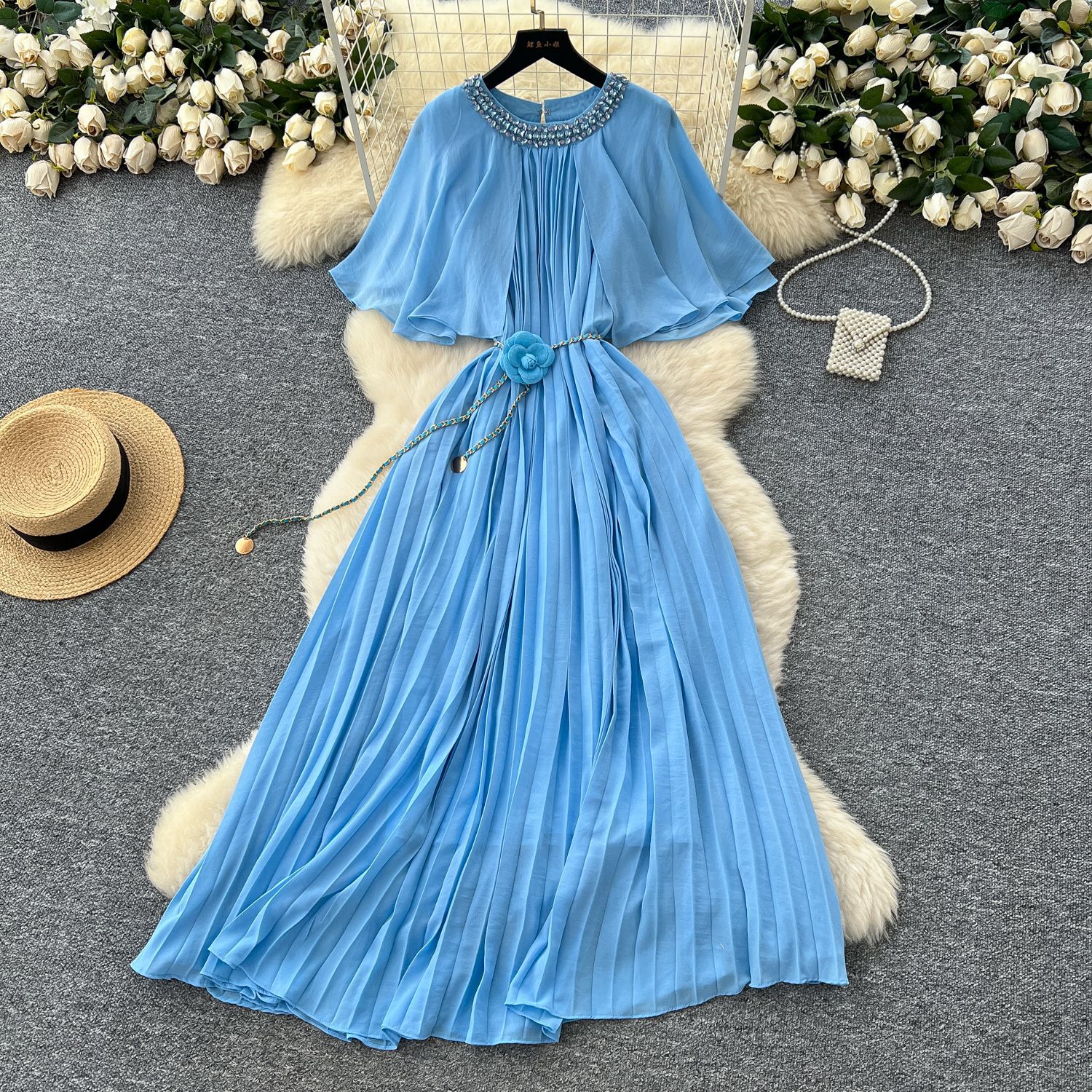 French Style Elegant Chiffon Dress Embellished Round Neck Waist Tie Pleated Design Perfect for Parties and Special