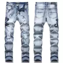 Am New Export European Street Youth Blue Cobra Embroider Elastic Small Feet Men's Jeans 3622