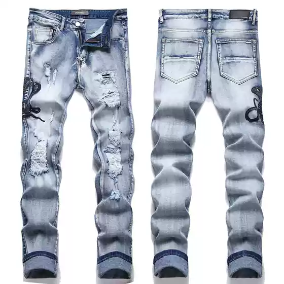 Am New Export European Street Youth Blue Cobra Embroider Elastic Small Feet Men's Jeans 3622