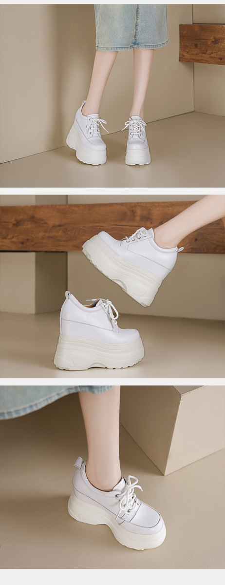 Giày sneaker nữ da bò đế dày tăng chiều cao 14cm dây buộc — Màu đen, Màu trắng
