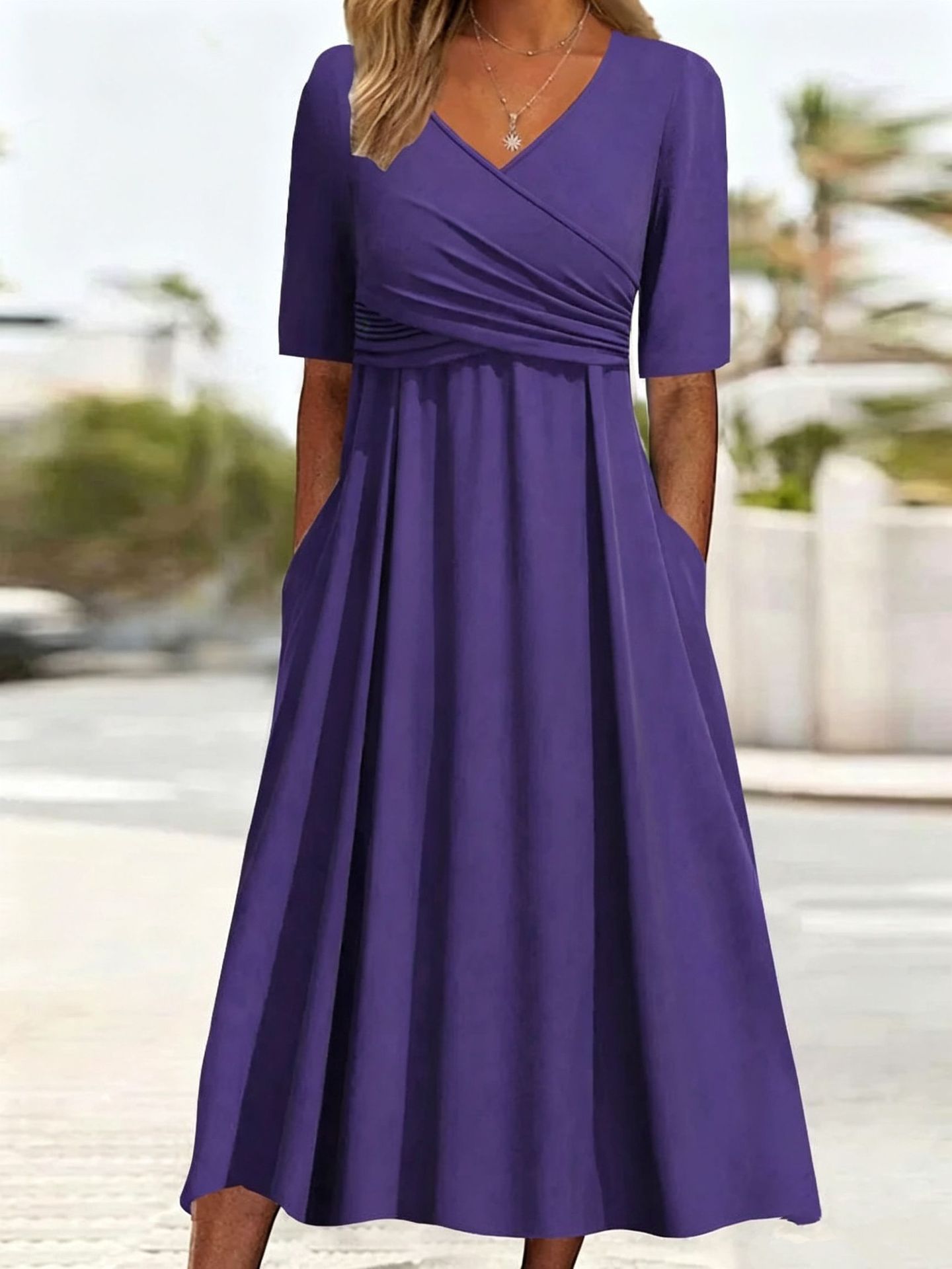 Elegant Womens Solid Color Maxi Dress V Neck Mid Sleeve Summer Style Available for Wholesale