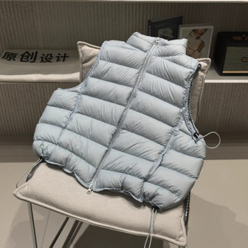 Autumn and Winter New Women's Ribbed Stand Collar Drawstring Vest Lightweight White Duck down Sleeveless Turtle Neck Warm Jacket Vest