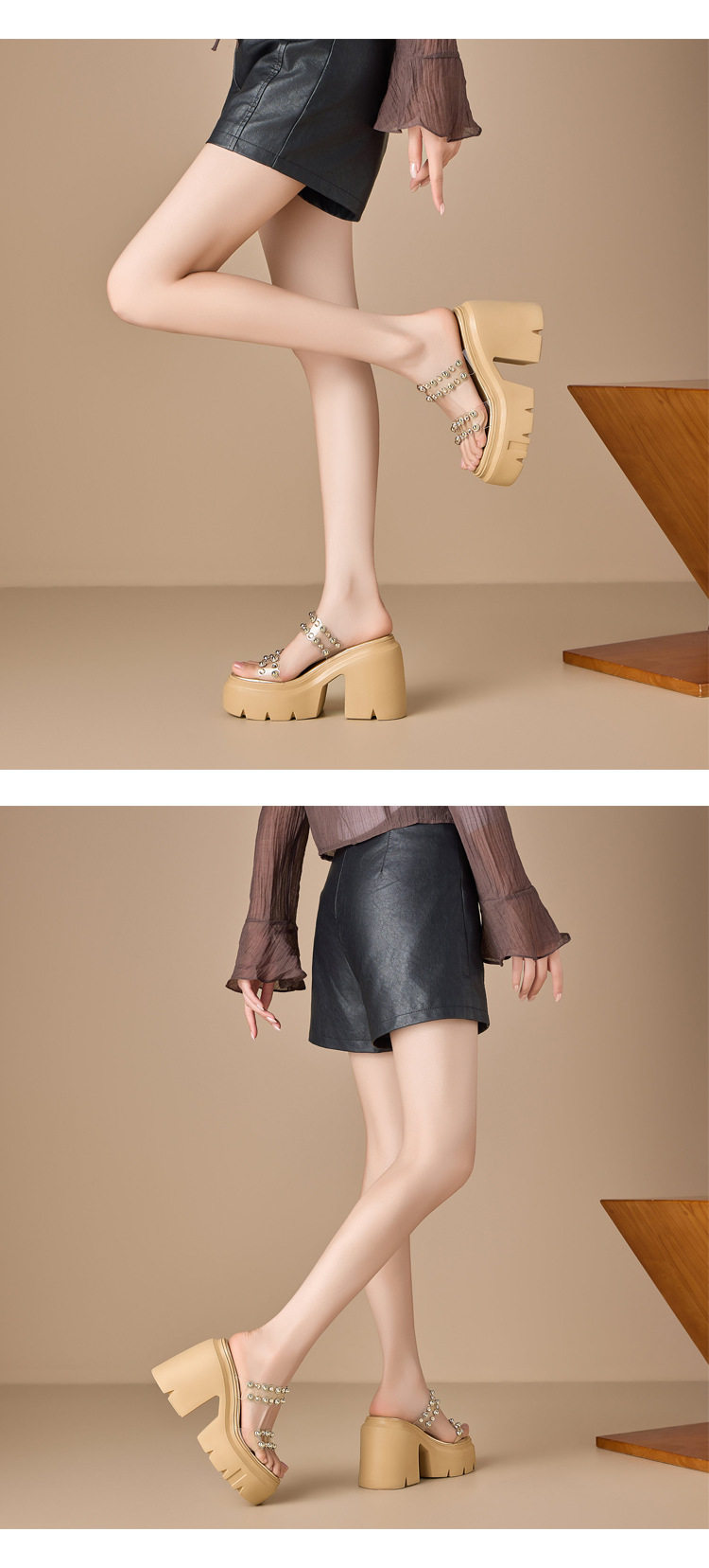 Sandal cao gót nữ đế dày 12 cm quai ngang đính đá, mũi hở, gót vuông — [Trắng kem], [Vàng nhạt] chi tiết 3