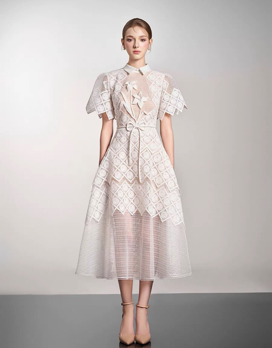 Đầm maxi nữ thêu ren cổ polo tay ngắn cạp cao midi — Màu như ảnh chi tiết 2