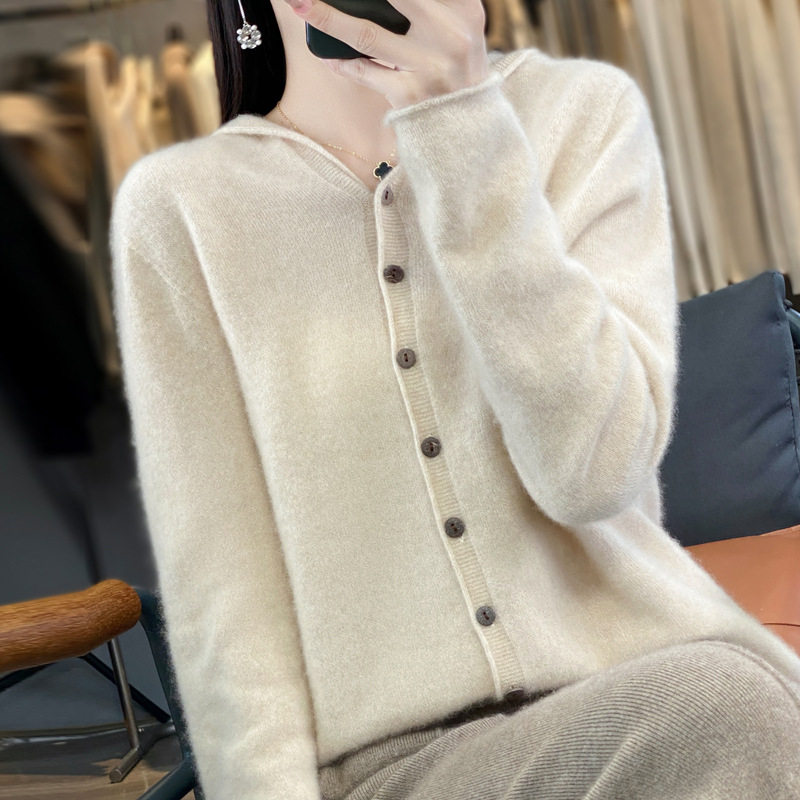 澳洲美丽诺100纯羊毛针织衫女一线成衣无缝连帽开衫羊绒毛衣外套