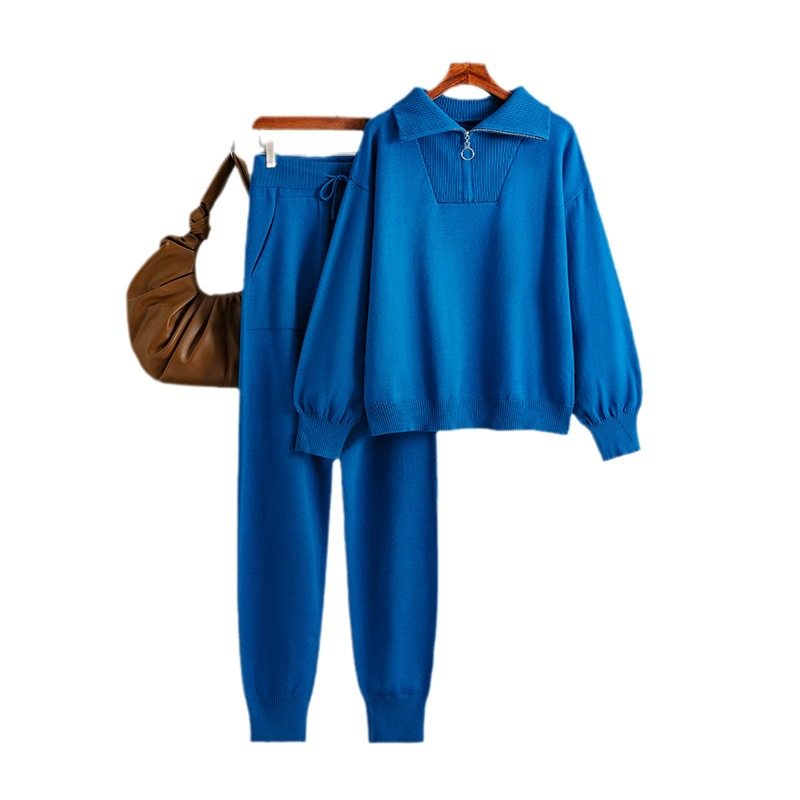 POLO领毛衣套装女秋冬外贸女装2023宽松欧美时尚休闲针织两件套