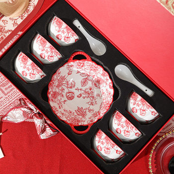Ceramic Gift Bowl Underglaze Color Boutique Red Rose Chinese Tableware suit Household Housewarming Business Activities High-end