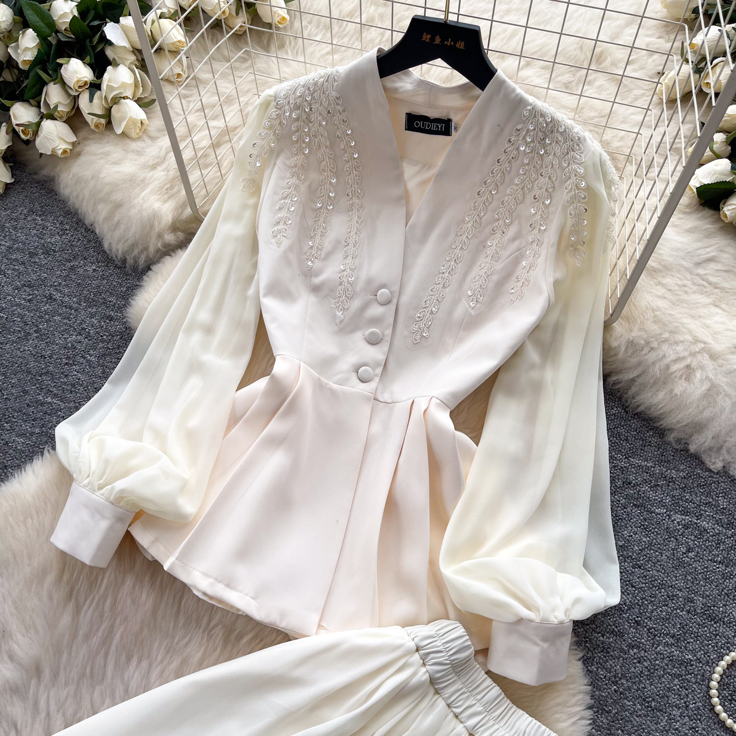 French Style V Neck Embroidered Jacket with High Waisted Pleated Skirt Elegant Lightweight Two Piece Set for Fall