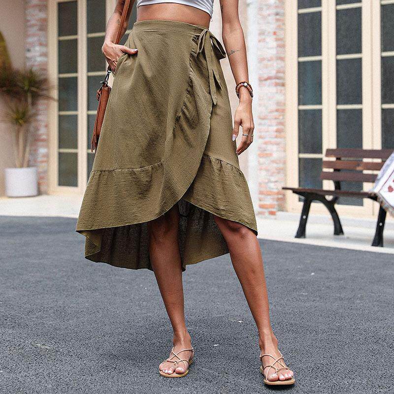 Cotton Linen Ruffle Hem Skirt Solid Color Summer Style Womens Fashion Wholesale Available factory direct