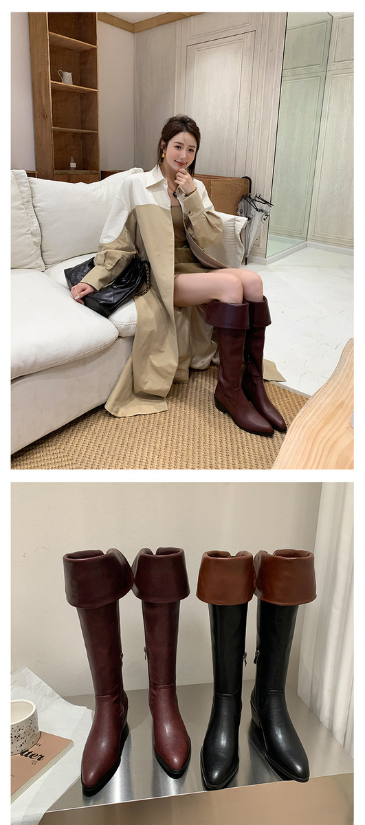Boot nữ cổ cao quá gối da bò gót thô 5cm mũi nhọn phong cách tối giản — Lớp lót đơn màu đen, Lớp lót đơn màu đỏ neo, Lớp lót nhung đen, Mỏ neo nhung đỏ