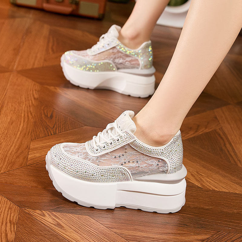 Sandal cao gót nữ đế dày rhinestones lưới hở mũi, gót siêu cao 8cm, form tròn — Trắng, Hồng, Đen