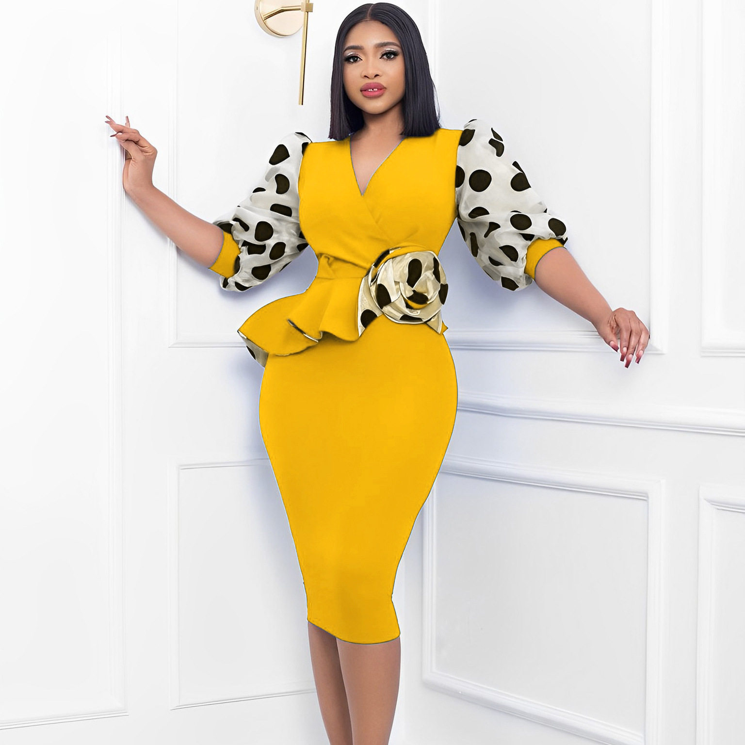Womens Pencil Dress Spring Summer Collection Mesh Puff Sleeve Color Block Design Elegant Style Wholesale Available