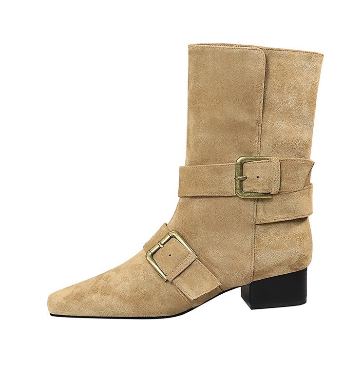 Boot nữ cổ trung mũi vuông khóa thắt lưng gót vừa phong cách retro — màu đen, nâu đậm, quả mơ