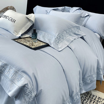 New 100-Count Double-Strand Long-Staple Cotton Pure Cotton Four-Piece Set, Spring and Summer Solid Color Light Luxury Style Embroidered Wide-Edge Fitted Sheet Style