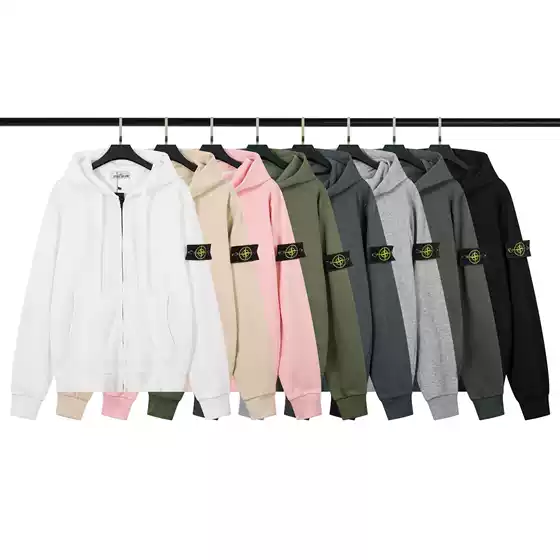 Stone Island Cardigan Hooded Zip-Up Sweatshirt Unisex Casual Solid Color Patch Pocket Zip-Up Jacket Trendy