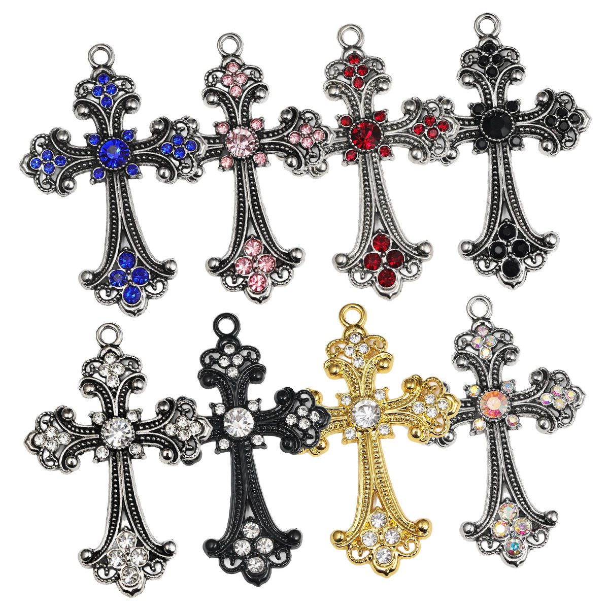Cross-Border Personalized Retro Fashion Flash Diamond Alloy Necklace Cross Necklace Pendant DIY Necklace Accessories Wholesale