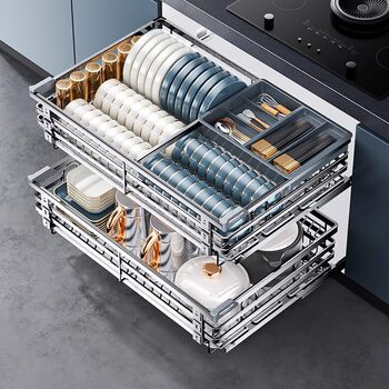 Drawer Basket Kitchen Cabinet 304 Stainless Steel Double Drawer Cupboard Cupboard Storage Dish Rack Basket