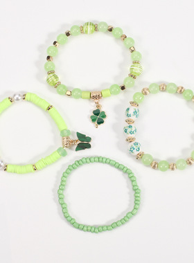 圣帕特里克节手链小清新绿色三叶草吊坠爱尔兰节幸运字母手串套装