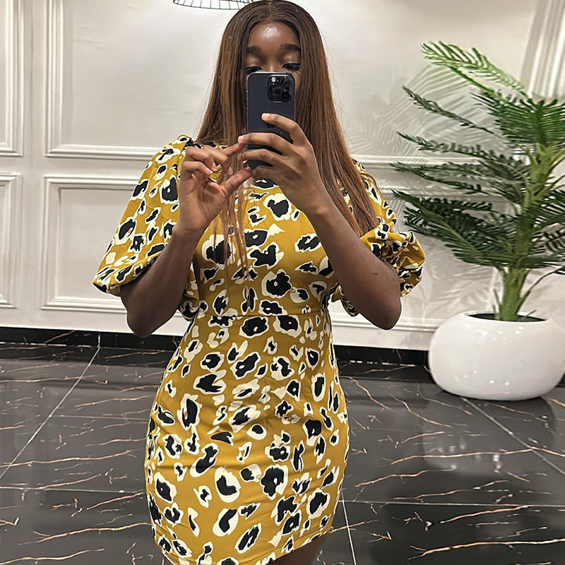 Fashionable Lantern Sleeve Mini Dress Stand Collar Printed Shoulder Pads Slim Fit Casual Summer Wear OEM Available